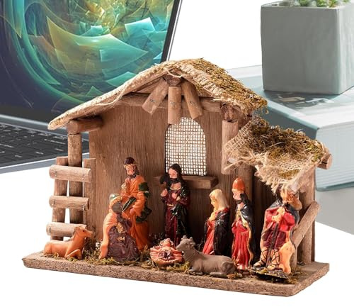 Generico Scena della natività - lavoro manuale e dettagli realistici, figure di natività | Tradizioni festive e religiose, Gesù Manger House Figura | Miniatura religiosa per il tavolo da davanzale