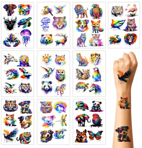 Vicloon Wasserfarben Tiere Tattoos für Kinder, 10 Blätter Kindertattoos, Temporär Arm Schulter Tattoos Aufkleber für Mädchen Junge, Mitgebsel Kindergeburtstag Gastgeschenke Party Deko