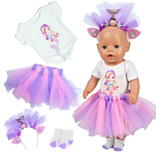 4 Teiliges Meerjungfrau Tutu Kleid Puppenkleidung Kompatibel mit 35-43 cm New Born Baby Puppen, Kleidung Outfits Enthält Overall Tüllkleid Haarband Paar Socken für 14-18 Zoll Baby Puppe