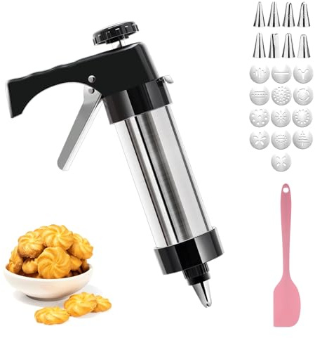Gadgets zum Keksbacken - 23 Spritzgebäck Maschine, Gebäckpresse für Spritzgebäck,13 Schablonen, 8 Tüllen, 1 Teigschaber Können, Gebäckpresse Edelstahl, für Herstellung von Kuchen, Keksen und Churros