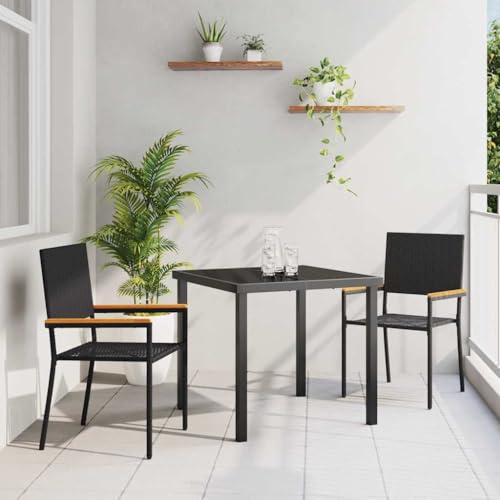 Yunovire Garten Stapelstühle 2er-Set, Schwarz und Braun, PE Rattan, Akazienholz, 54x56x90 cm, platzsparend, für Balkon und Terrasse, Moderne Outdoor Möbel