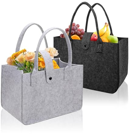 2 Stück Filztaschen Shopper, Filztasche 30x20x18cm, Filzkorb Groß, Faltbar Filztaschen Shopper, Filz Taschen, Einkaufskorb Filz Schwarz Hellgrau mit Verschluss zur Einkaufen, Aufbewahrung, Picknick