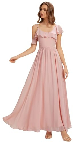Ever-Pretty Women’s Chiffon Bridesmaid Dress V Neck Short Sleeves Ruffle A-Line Floor Length Formal Wedding Guest Dress Pink US08