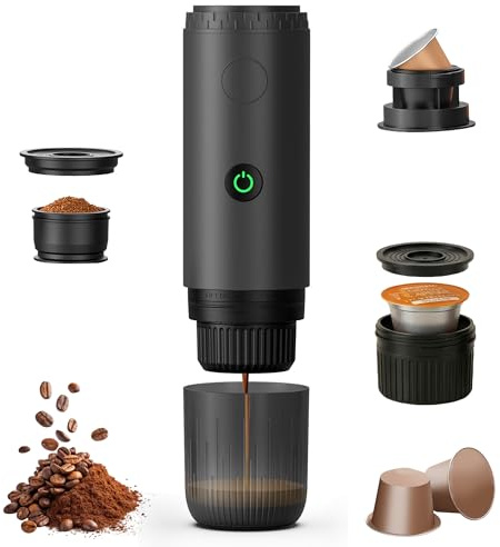 Bostar Macchina da caffè espresso portatile 3 in 1, elettrica portatile, riscaldamento rapido, macchina da caffè, compatibile con capsule e caffè macinato per campeggio auto, viaggio e ufficio (nero)
