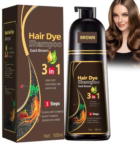Hårfärgningsschampo kastanjebrun, 3-i-1 Hair Dye-schampo för grått hår, omedelbar hårfärgssvamp, halvpermanent hårfärg innehåller ginseng-extrakt för män och kvinnor (500 ml)