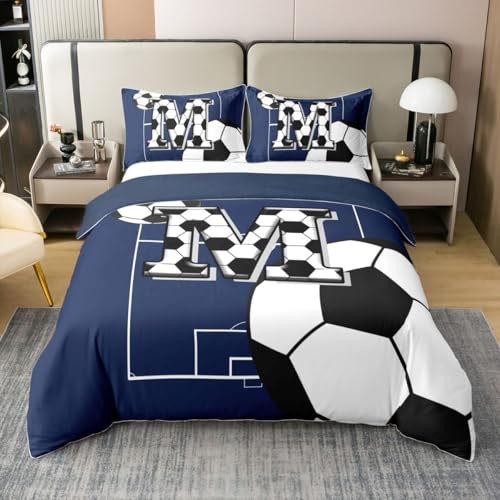 Homewish Fußball Bettwäsche 155x220 Baumwolle Buchstabe M Bettbezug Kinder Teens Jungen Sport Thema Fußball Muster Bettwäsche Set Fußballplatz Spielplatz Bettset 1 Kissenbezug Zimmerdekor
