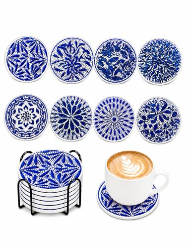 DIY Diamond Painting Untersetzer Set, 8 Stück 5D Mandala Untersetzer mit Halter, Blau Weiß Diamond Art Untersetzer Bastelset, DIY Strassstein Untersetzer für Erwachsene, Kreatives Bastelset