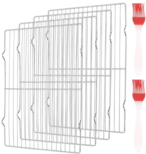 ANBEEISS 4 Pcs Cooling Racks, Stainless Steel, 30x20.5cm + 2 Brushes | Wire baking racks, roasting and grilling, for drying cake, meat, bread, 30x20.5cm, includes 2 brushes.