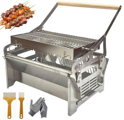 Parrilla BBQ Giratoria de 360°, Parrilla Barbacoa Abatible de Acero Inoxidable con Cepillos y Guantes, Doble Cara Plegable y Desmontable, Parrilla de Carbón Portátil para Camping, Jardín, Fiesta