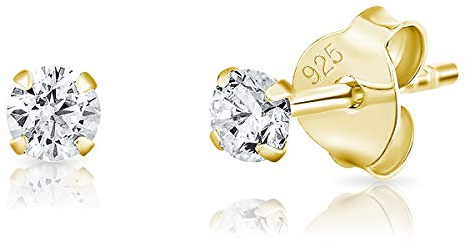 Pendientes Oro y Brillantes de Circonitas - Aretes Diamante Mujer - Dorados - Diámetro 3 mm