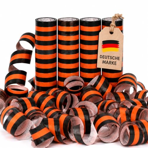 Carpeta Halloween Luftschlangen Schwarz Orange 4 Rollen mit 80 Luftschlangen | Grusel Deko für Halloweenparty Kürbisparty Horrorparty | 4m lang, Papier flammhemmend | Deutsche Marke