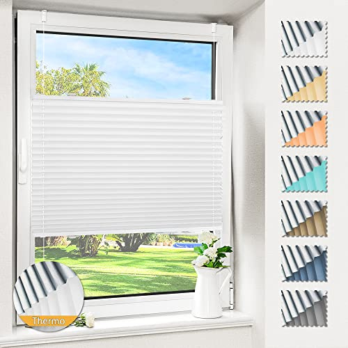 Magiea Plissee ohne Bohren verdunkelung, Thermo Plisseerollo Klemmfix, Weiß 85x130cm(BxH), Verdunklungsplissee 100% lichtundurchlässig, Faltrollo für Fenster, Sichtschutz Sonnenschutz | Verdunklungsplissee 100% lichtundurchlässig, Faltrollo für Fenster,Sichtschutz Sonnenschutz