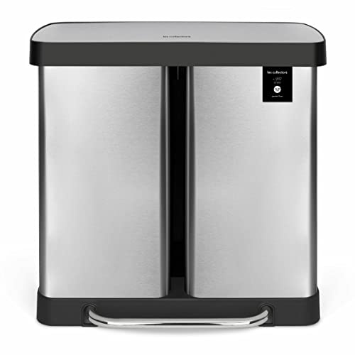 Les Collectors Poubelle de tri à pédale Inox N°928, 2 Compartiments de 30L, Rectangulaire, Finition anti-traces de doigts, Fermeture silencieuse, Pieds Anti-dérapants, 2 seaux amovibles