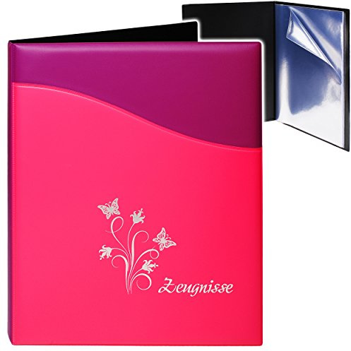 alles-meine.de GmbH A4 - Zeugnismappe/Dokumentenmappe - Zeugnisse Schmetterlinge & Blumen - 3D Kunst-Leder Effekt - lila/pink - rosa - GEBUNDEN mit 20 festen Seiten..