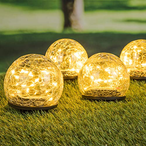Juego de 4 Lámparas Solares LED sin Cables en Forma de Bola – Aspecto de Cristal Roto – Lámparas Decorativas Exterior para Jardín, Aceras