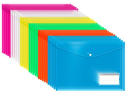 Plastic Wallets, 30 Pack A4 File Folders for Document Paperwork Clear Assorted Coloured Envelope with Label Pocket Snap Button Home School Travel Office Supplies