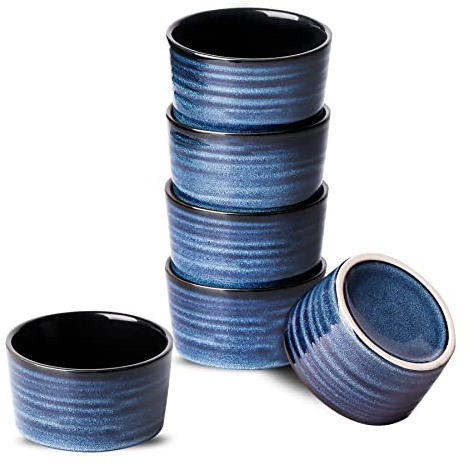Hasense 4 oz Ramekins Oven Safe,Ceramic Creme Brulee Dish for Baking Set of 6,Porcelain Dipping Sauce Bowls for Pudding, Souffle,Serving Dip,Custard,Ice Cream(Blue)