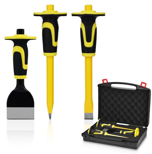 Jeu de 3 burins robustes avec protège-main et étui de rangement, burins à béton et à mortier pour la démolition, la sculpture, l'écaillage, le cassage, la chasse et le broyage.