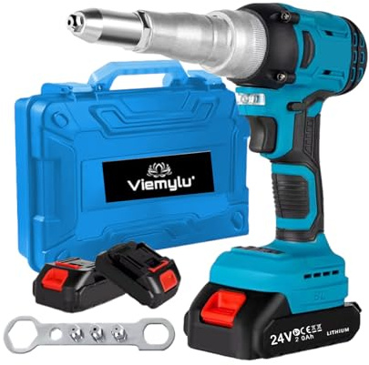 Remachadora a batería 24 V Brushless – Remachadora automática para remaches ciegos 3-5 mm, fuerza de tracción 10000N, par 140 Nm, 2 baterías incluidas