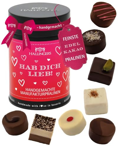 Hallingers Genuss Manufaktur Pralinen Valentinstagsgeschenk - ohne Alkohol, handmade aus Confiserie-Edelkakao in wertiger Geschenkdose Hab Dich lieb, Valentintstag für Frauen Männer