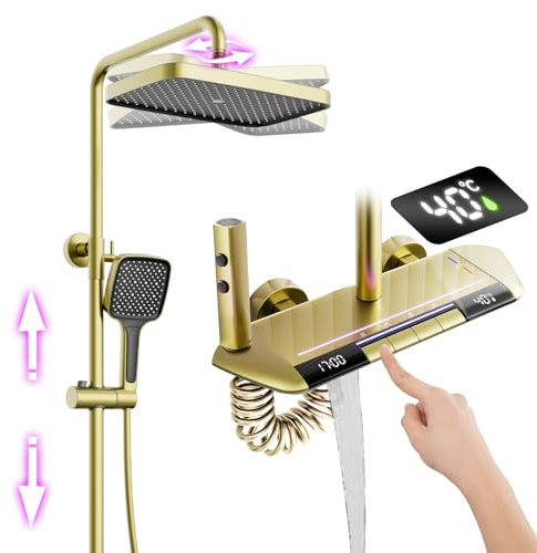 Colonne de Douche Dorée Brossé Thermostatique Mitigeur en Laiton Systeme de Douche Affichage Numérique LED Ensemble de Douche Pommeau De Douche, Douchette, Bidet Douche, Robinet De Baignoire, Mural