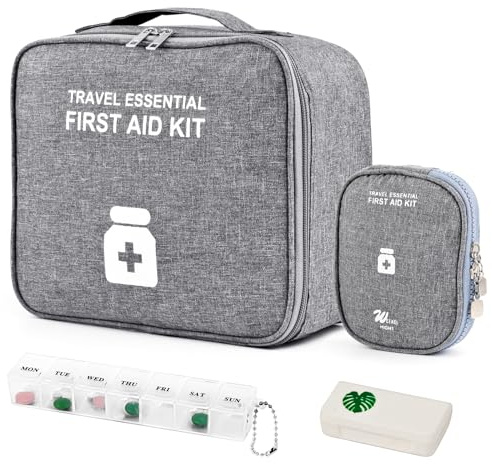WuGU 2stk Medikament Tasche,Tragbar Medikamententasche mit 2 Stück Tablettenbox, feuchtigkeitsbeständig Medizin Aufbewahrungstasche,Reiseapotheke Tasche für Schule,Reisen, Camping und Wandern