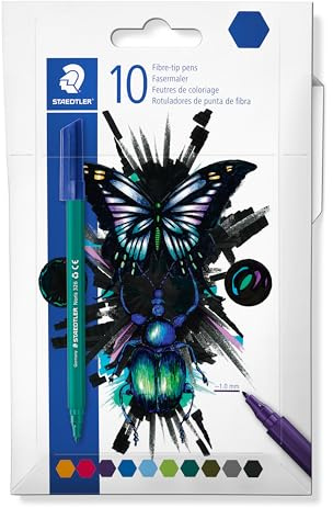 STAEDTLER fiberpenna Noris cool & cute, bläck med vattenbaserade livsmedelsfärger, lock med andningsluftkanal, linjebredd 1,0 mm, 10 filtpennor i sorterade färger i kartongfodral, 326 C10 E1