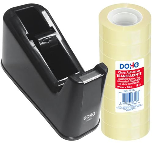 Dohe - Dispenser di nastro adesivo e 8 nastri (19 mm x 33 m) - Materiali resistenti, lama di taglio facile, base antiscivolo - Materiale per ufficio - Nero