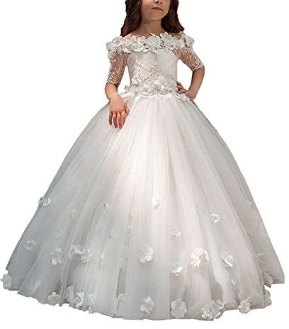 Vestidos de encaje con flores para niñas para boda, hombros descubiertos, manga corta, vestidos de primera comunión, blanco, 11-12 años