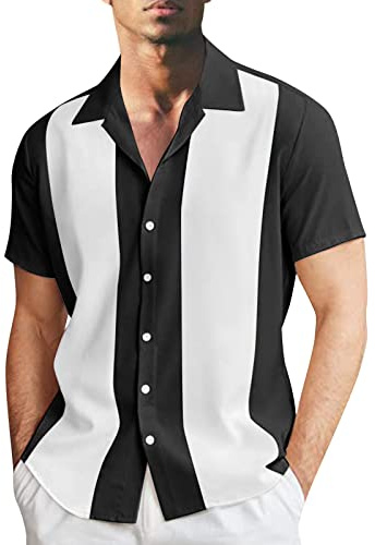 Camicie da bowling vintage da uomo anni '50, casual, a maniche corte, con bottoni, camicia a contrasto, estiva, a blocchi di colore, camicie cubane, camicia hawaiana alla moda, camicia da spiaggia