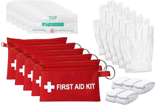 Yzpacc 5Satz Mini Erste Hilfe Set – CPR Schlüsselanhänger CPR Gesichtsschutz mit Atmungsbarriere & elastischem Gürtel & ein Paar Einweghandschuhe für Reisen, Zuhause, Camping