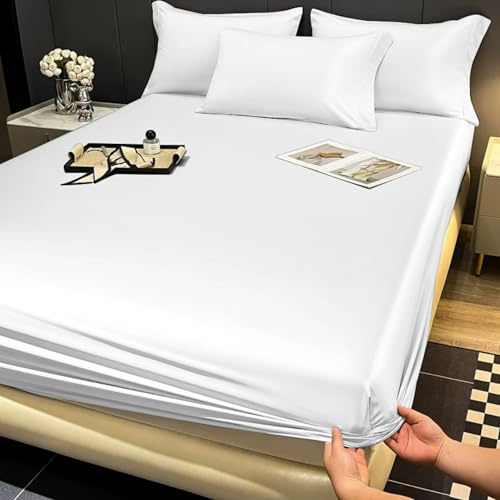 Gezu - Sábana bajera de 160 x 200 cm, satén blanco, crema de microfibra, transpirable, sedosa brillante, funda de colchón hipoalergénica, sin planchado, dobladillo elástico, sólido, adecuado para