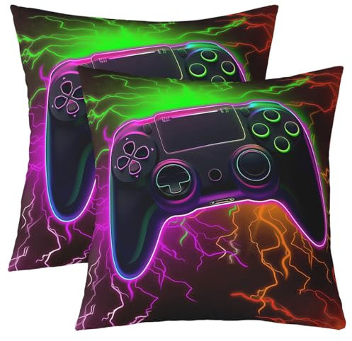 Homewish Pack of 2 Modern Gamepad Pillow Covers Video Game Controller Cushion Covers 20x20 Green Purple and Orange Lightnings Decorative Pillow Covers Glitter Gamer Gaming Console Pillow Covers