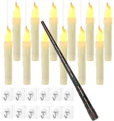 12 Stück Fantasy Floating Candles with Wand Remote, Flammenlose LED Kerze mit Zauberstab Fernbedienung, Schwimmende LED Kerzen Halloween Dekoration, Schwebende Kerzen für Weihnachten, Party (Gelb)