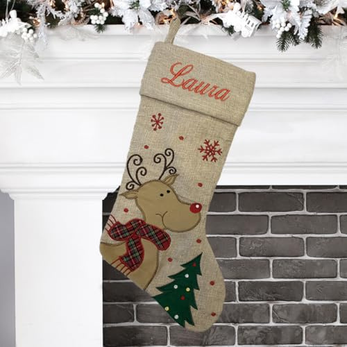 Personalized Christmas Stocking – Reindeer, Santa, Santa Sleigh - Modern Design - Embroidered Name - Large 18.5inch, Beige Color, Family Holiday Season Décor (Reindeer)