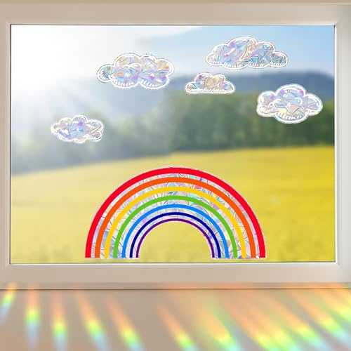 Regenbogen Fensteraufkleber, Regenbogen Fensterbilder Wolken, Suncatcher Sticker, Fensteraufkleber Vogelschutz Fensterfolie Bunt Sonnenfänger, Regenbogen Aufkleber für Glastüren Aufkleber Fensterdeko