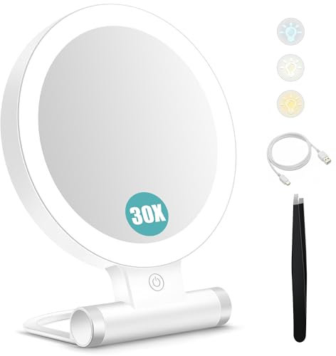 Schminkspiegel mit Beleuchtung,Doppelseitiger1X/30X Vergrößerungsspiegel mit Licht, 2000mAh 3 Farben Beleuchtungsmodi, Einstellbare Helligkeit, Faltbarer Kompakter Makeup Spiegel Reisegröße