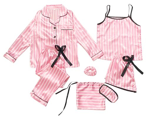 Jamron Filles 7PCS Satin Ensemble Pyjama Top & Pantalon Shorts Vêtements de Nuit Rayures Roses SN07655-2 130CM