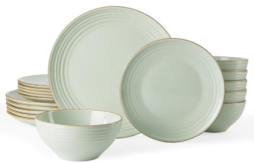 Richmount Jupiter Plates and Bowls Set, Reactive Glaze Dinner Sets for 6 People, 18 Pieces Stoneware with Gold Rim, Scratch Resistant Dinnerware Service for 6, Microwave & Dishwasher Safe, Light Green
