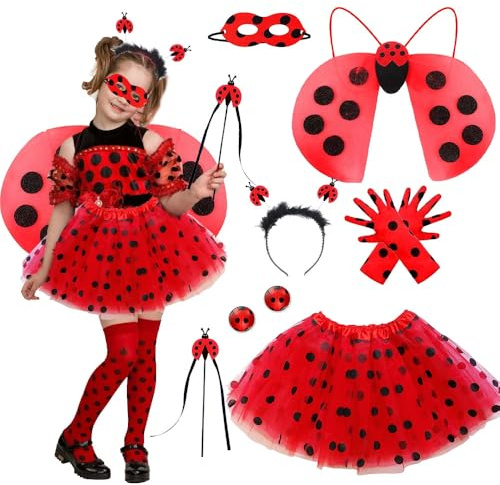 XPJBKC Marienkäfer Kostüm Kinder, 8Pcs Kostüm Marienkäfer Kinder, Ladybug Kostüm Mädchen mit Stirnband, Handschuhe, Ohrclips, Zauberstäbe, Masken, Flügel, Kleider, für Karneval (5-10 Jahre)