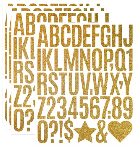 188 Stücke Buchstaben Nummer Aufkleber,4 Blätter 2 Zoll Selbstklebendes Glitzer Buchstaben Punzierung Kit für Postfach,Schilder,Scrapbook, DIY und Basteln - Gold