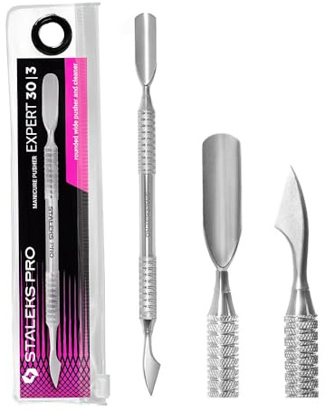 STALEKS PRO Empujador de cuticulas doble. Empujador redondeado ancho + limpiador. Manicura y Pedicura. Acero inoxidable. Expert 30/3