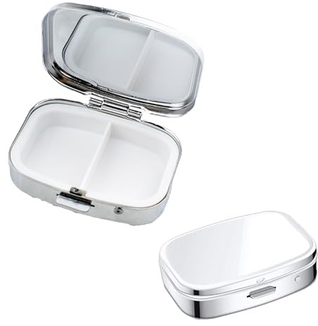 2 Stück Pillendose Klein für Unterwegs,Rechteckige Tablettenbox mit 2 Fächern,Tragbare Medikamentenbox aus Metall,Kleine Metalldose Mini Pillendose in Silber für Vitamine & Nahrungsergänzungsmittel