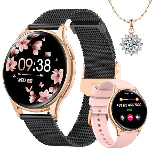 Sanorum Smartwatch Damen mit Telefonfunktion, Rund 1,27 HD Screen Armbanduhr mit 120+ Sport Pulsuhr SpO2 Schlafmonitor Menstruationszyklus IP68 Fitness Schrittzähler für iOS Android Roségold Schwarz