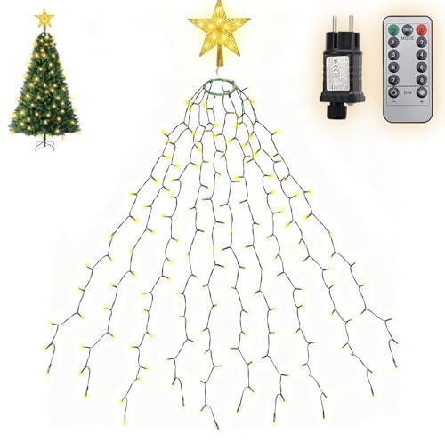 SALCAR 1,5m Weihnachtsbaum Lichterkette mit Ring, 10 Girlanden und Weihnachtsbaumspitze Stern mit Fernbedienung, 260er LED Überwurf Lichterkette Christbaumbeleuchtung Außen Innen, Warmweiß