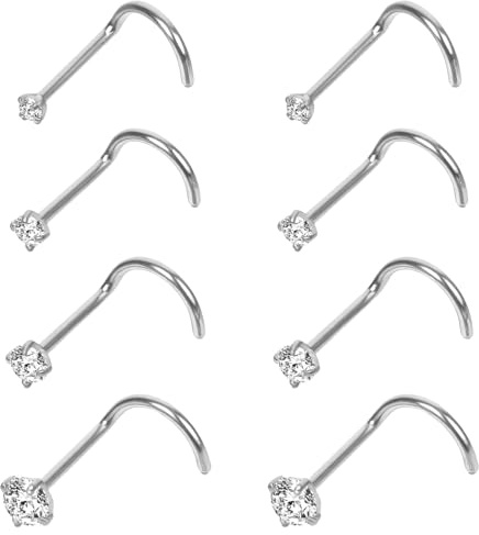 MBAIYO 8Pcs Nose Piercing Studs, Stainless Steel Nose Screw 20G Corkscrew L-Shaped Jewelry with 1.5-3mm White Zirconia Silver Nose Rings for Women