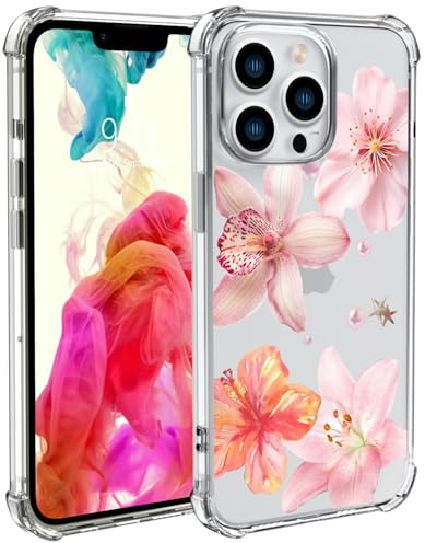 Wihytec Coque de téléphone à fleurs de lys roses pour iPhone 16 PRO - Coque transparente - Coque de téléphone transparente renforcée aux quatre coins - Résistante aux chocs - Pour femme