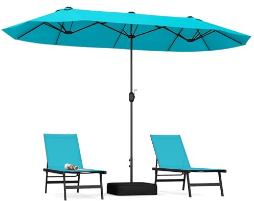 GOPLUS Parasol de Jardin Double Face avec Manivelle et Ventilation, 4x2M pour 6 Personnes, Pied pour Marché, Piscine, Terrasse, Balcon (Turquoise)