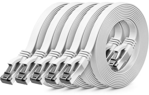 deleyCON 5x 1m CAT 8 Cable Red Plano (40 Gbit/s, Cobre) Gigabit Ethernet LAN - Cable Plano Delgado Largo - Conector RJ45 para CAT8 CAT7 CAT6 - Blanco