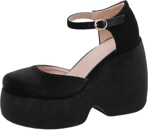XIEPP Enfärgade Mary Jane-pumps för kvinnor, runt tåparti, knubbig häl och platå med spänne, svart, 35 EU